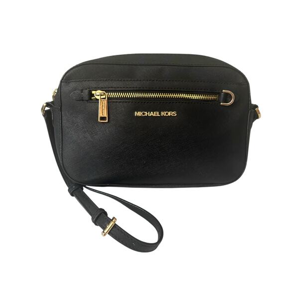 Michael Kors Jet Set Large Saffiano Leather Crossbody Bag Black Gold 35S1GTTC7L - Picture 1 of 16